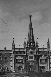 Фасад здания. Древние ворота до 1773 г. Отпечаток с литографии. ГНИМА им. А.В. Щусева